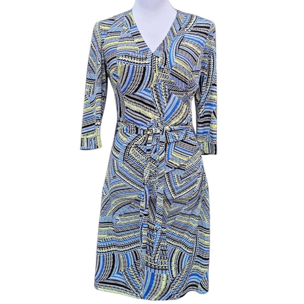 Stripe Patchwork Dress Stretch Surplice Size XS Laundry Shelli Segal Green Blue